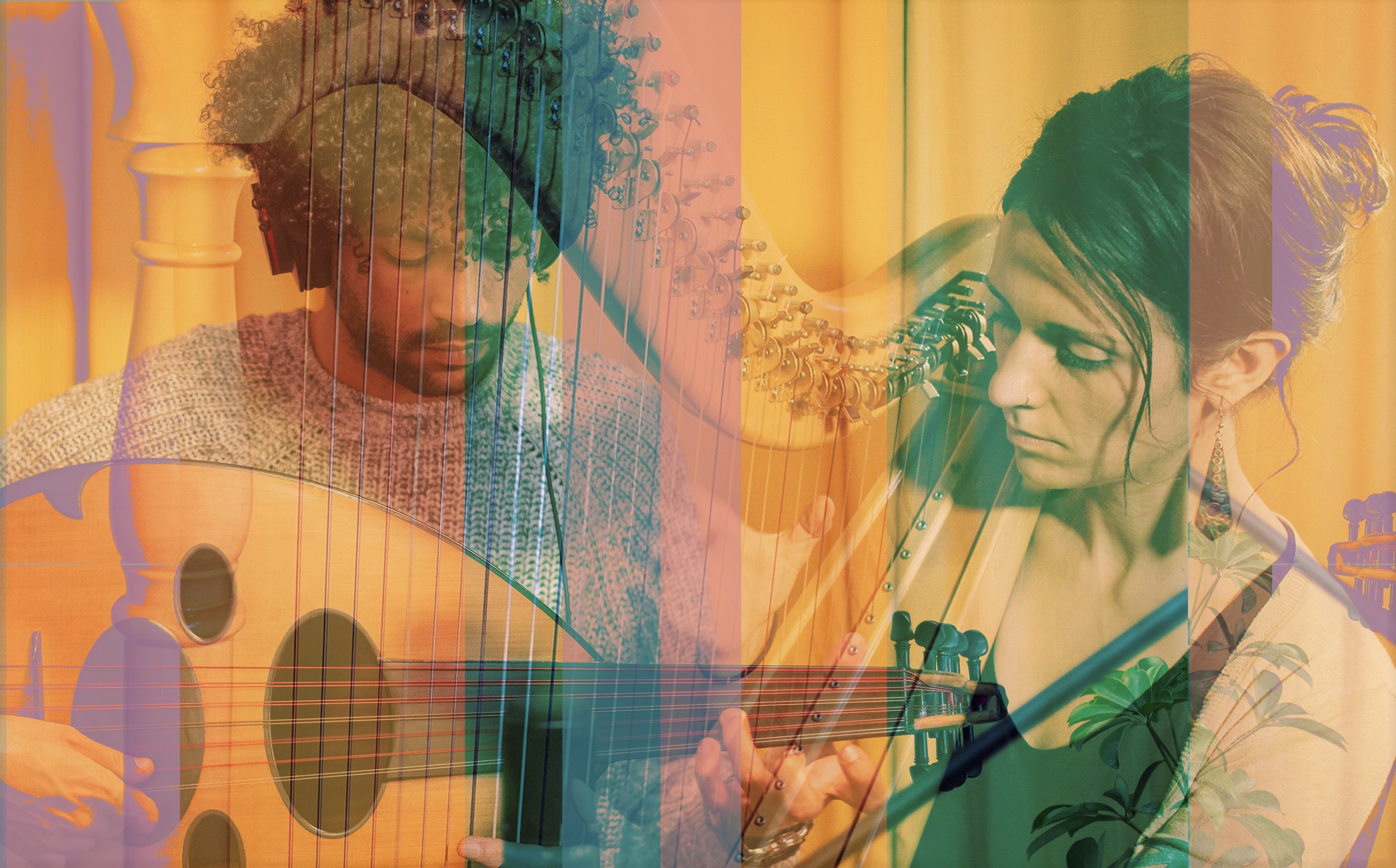 layered image showing a man playing Egyptian Oud and woman playing harp