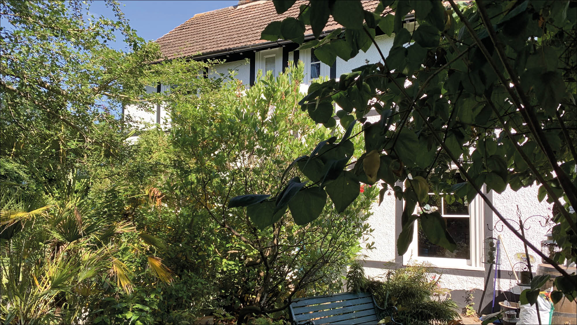White house behind trees and bushes: the former home of Charles Potiphar, in Ingrave
