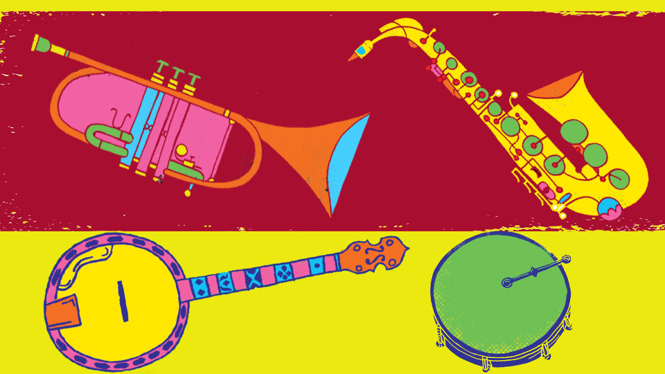 colourful drawings of instruments - trumptet, saxophone, banjo, drums