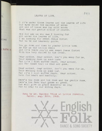 Leaves Of Life Aug 1923 Cecil Sharp MSS