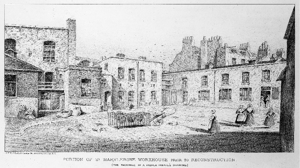 Black and white drawing of part of St Marylebone Workhouse prior to reconstruction