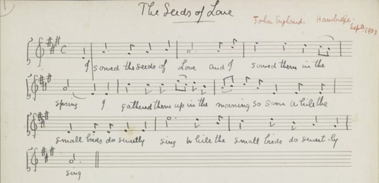 Handwritten sheet music titled The Seeds of Love.