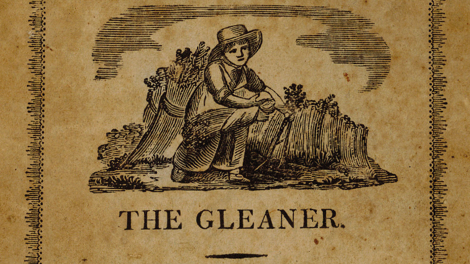 historical line-drawing of 'THE GLEANER' - young person crouching in front of crop