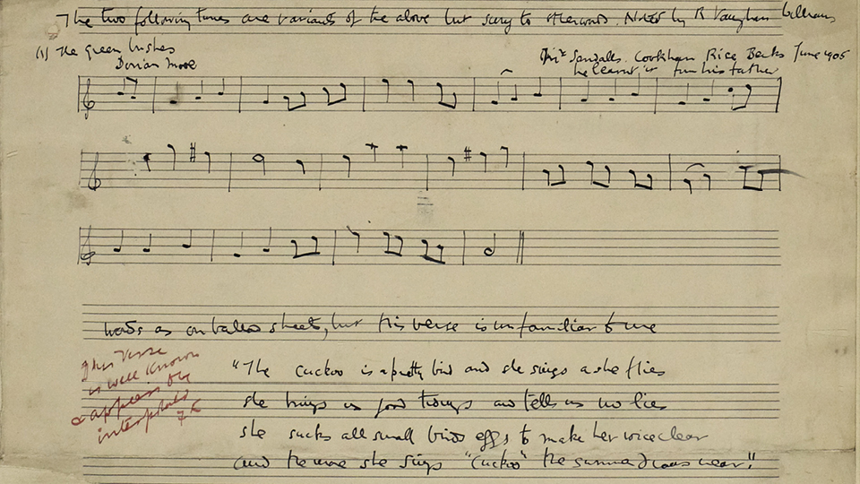 Reproduction of manuscript by Vaughan Williams: sheet music for 'The green rushes grow' with notes